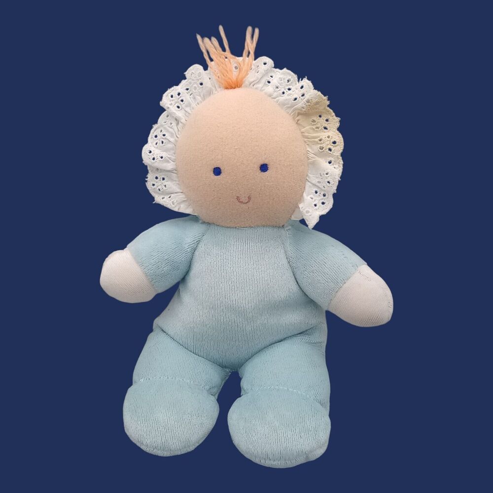 Vtg Animal Fair Blue Plush Baby Doll Stuffed Terry cloth Rattle Lace Toy 9" RARE